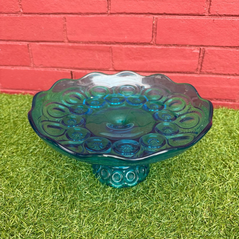Vintage LE Smith Teal Moon and Stars Glass Pedestal Cake Stand‎ Candy Dish